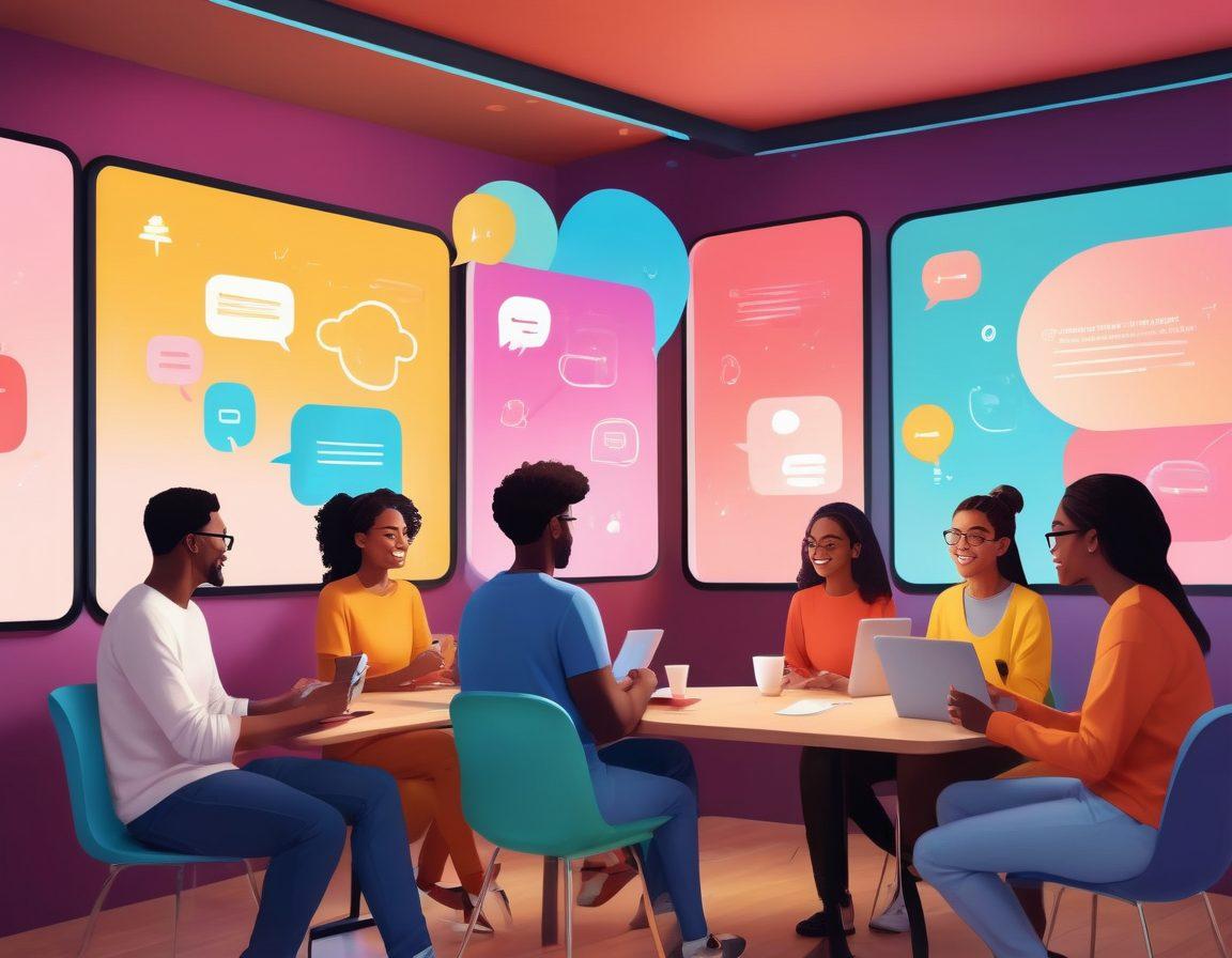 An illustration of diverse people interacting through their devices in a cozy digital café, sharing ideas and laughter, with colorful speech bubbles floating around them, symbolizing meaningful conversations. Light-reflecting screens showing vibrant digital community platforms in the background. bright, cheerful colors. modern flat design. 