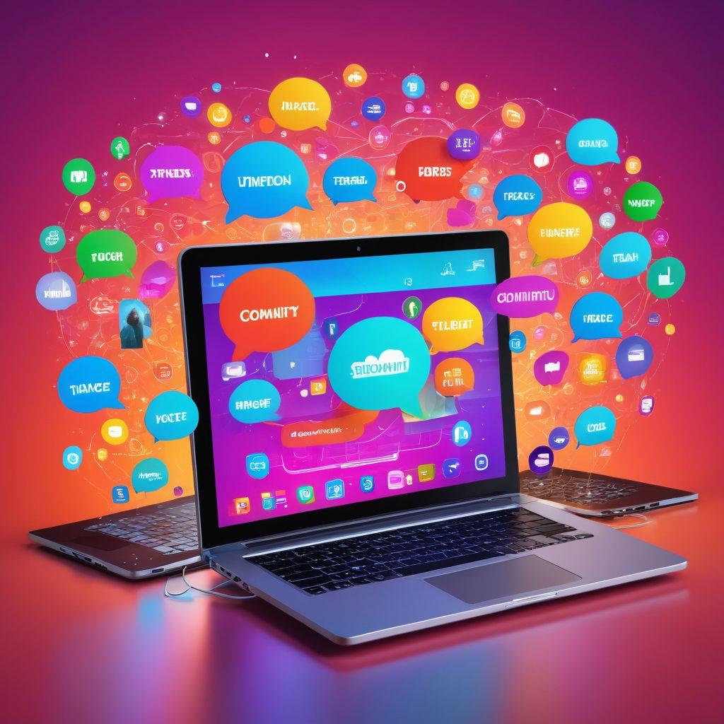 A visual representation of a digital storytelling scene featuring a diverse group of people collaboratively creating content on laptops and tablets, surrounded by vibrant digital elements like floating text bubbles and community icons, set against a colorful backdrop symbolizing an interconnected blogosphere. super-realistic. vibrant colors. 3D.
